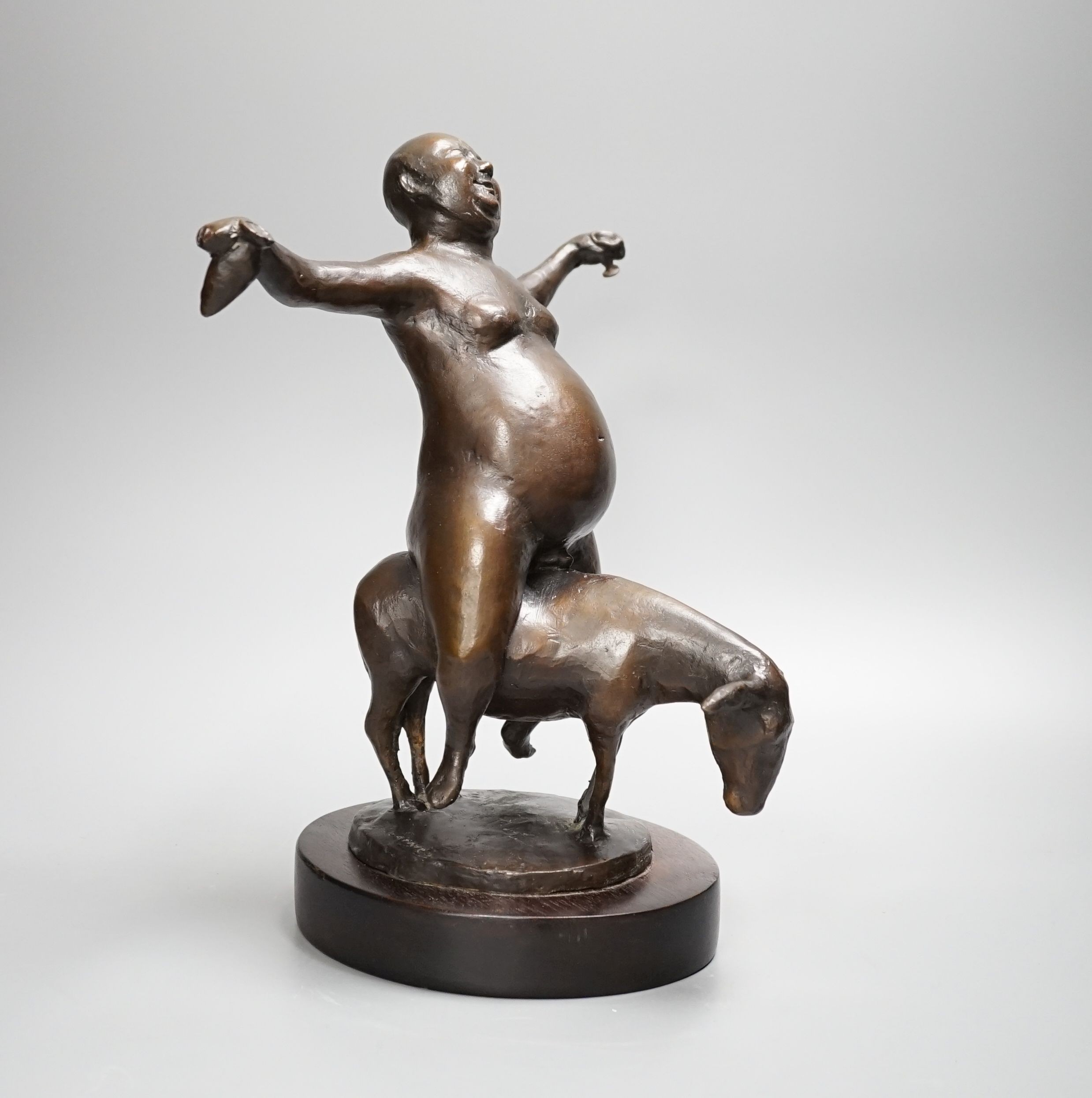 Olivia Musgrave (Irish, b. 1958) a bronze group, a rotund bacchanalian figure riding a mule 32cm